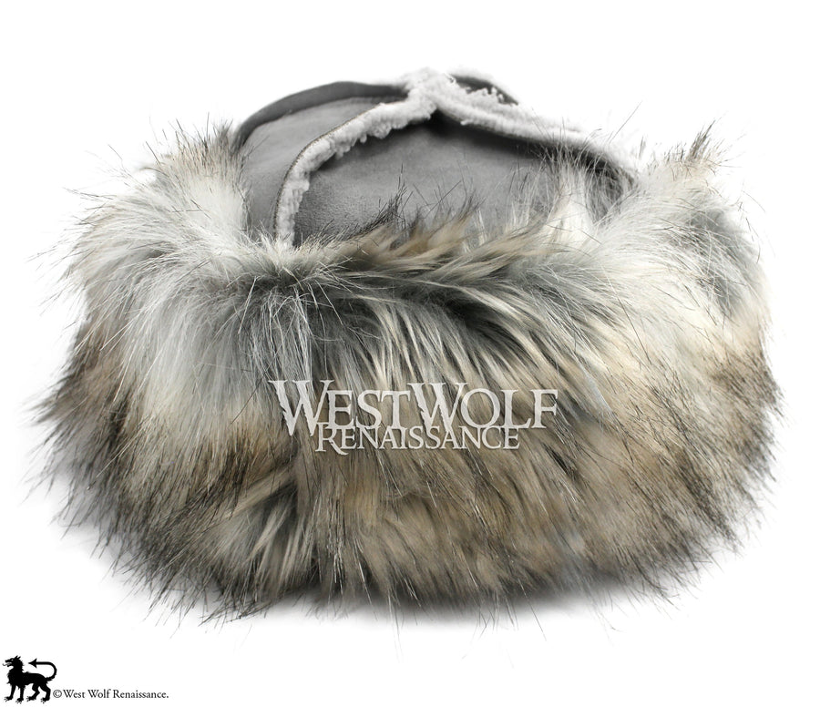 Fur-Trimmed Viking Hat with Grey Top and Winter Silver Fox Fur