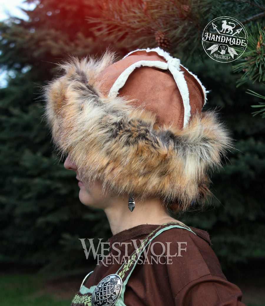 Reddish-Gold Fox Fur Viking Hat with Sierra Brown Top