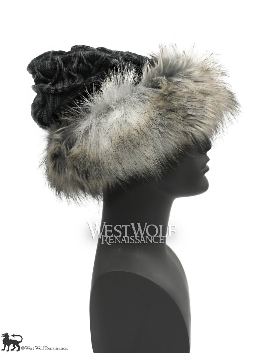 Silver Fox Fur Viking Hat with Woven Dark Grey Knit Top