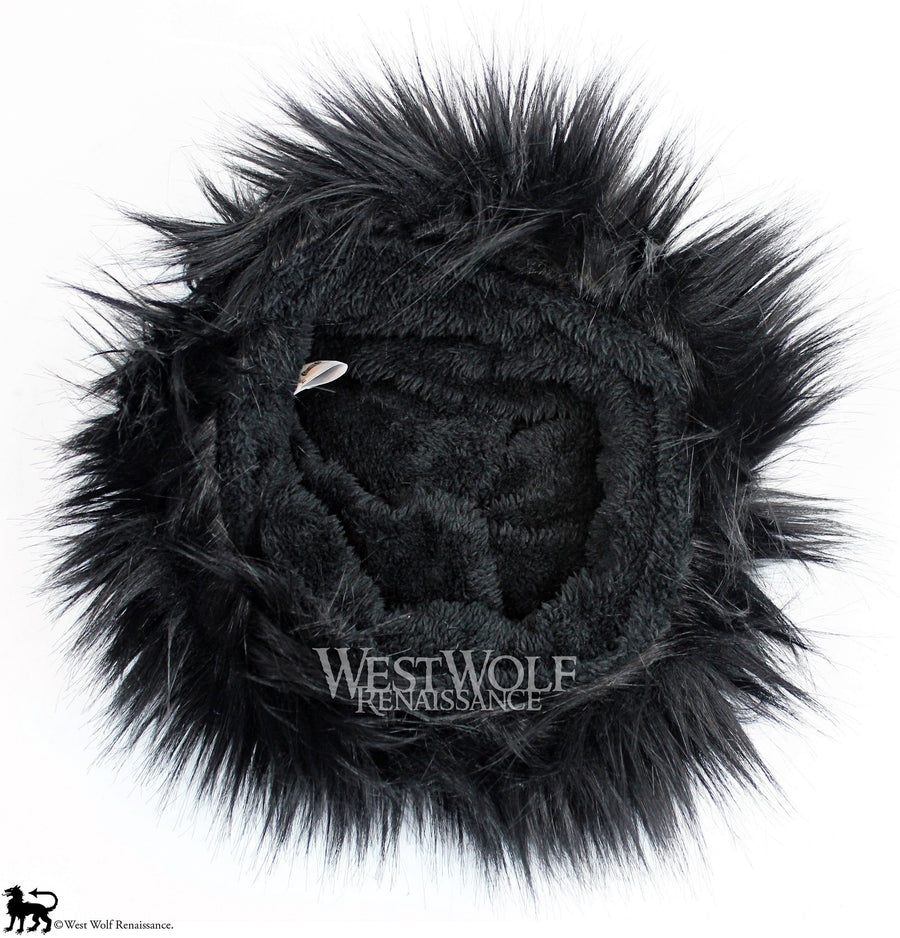 Black Fox Fur Viking Hat with Woven Wine Red Knit Top