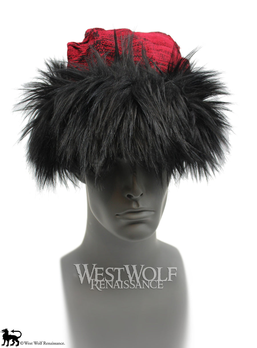 Black Fox Fur Viking Hat with Woven Wine Red Knit Top
