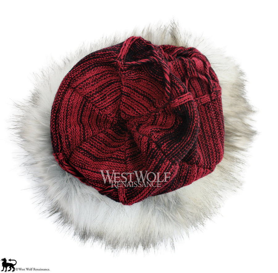 Silver Fox Fur Viking Hat with Woven Wine Red Knit Top