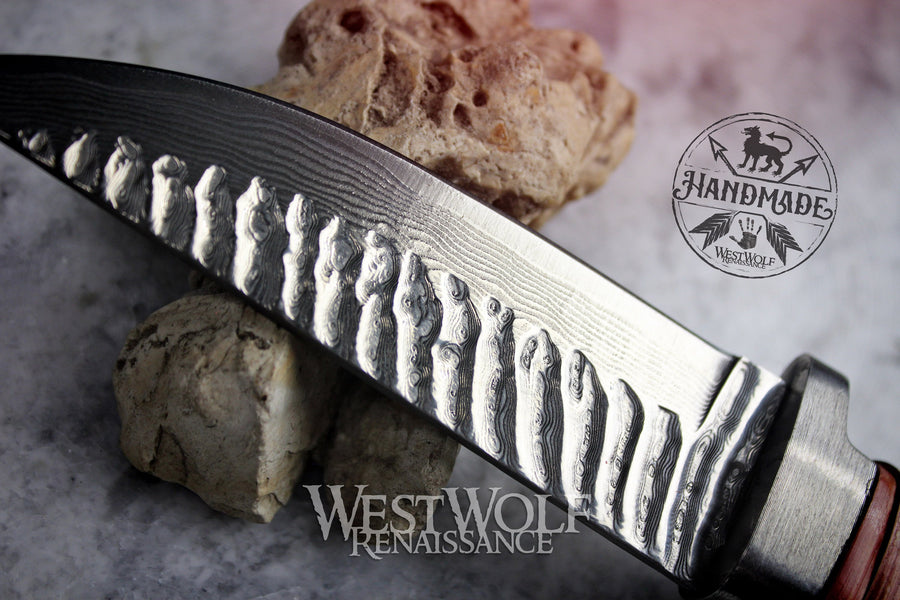 Hand-Forged Damascus Steel Knife with Rosewood Handle, Rattan Wrap, and Leather Sheath