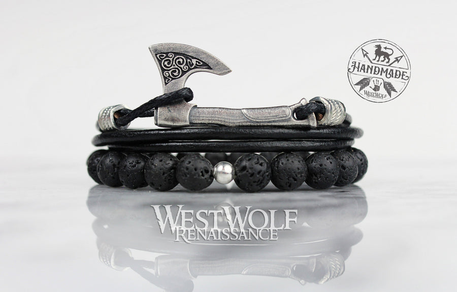 Viking Axe Bracelet in Multiple Sizes - Perun's Axe Wristband with Black Leather Cord and Lava Rock Beads