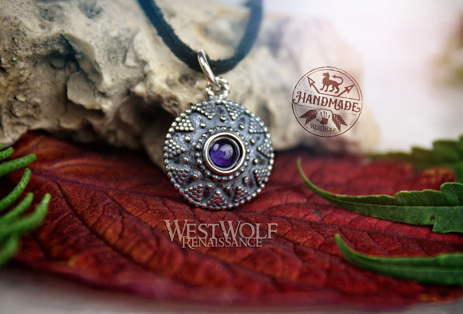 Sterling Silver Medieval Sun Pendant with Amethyst Stone - Historic Replica