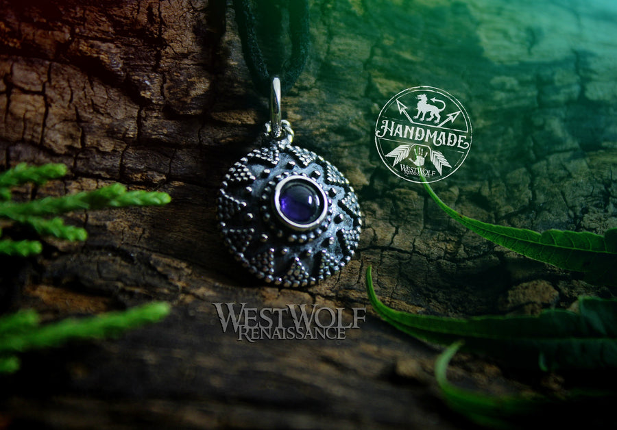 Sterling Silver Medieval Sun Pendant with Amethyst Stone - Historic Replica