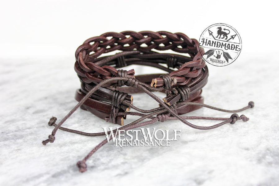 Leather Viking Triple Bracelet or Cuff - Adjustable Size - Made of Leather and Rope