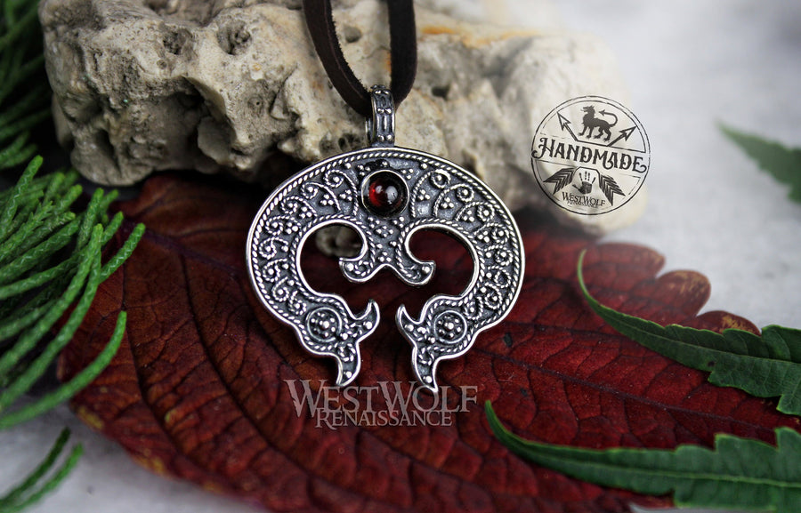 Lunula Pendant in Sterling Silver with Red Garnet Stone