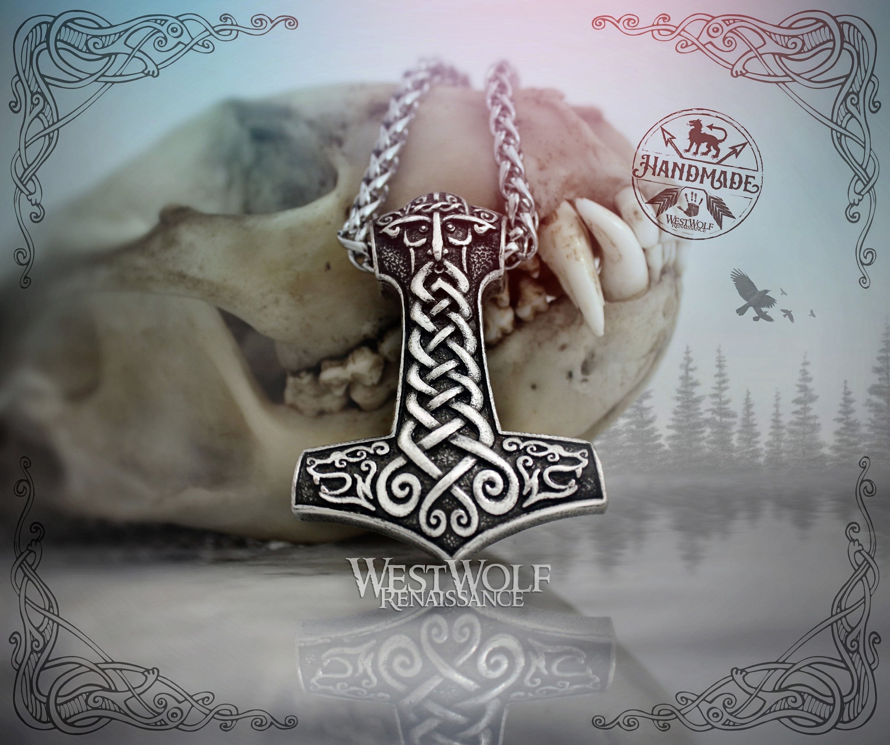 Viking Knotted Berserker Bear Head Hammer Pendant with Thor Face