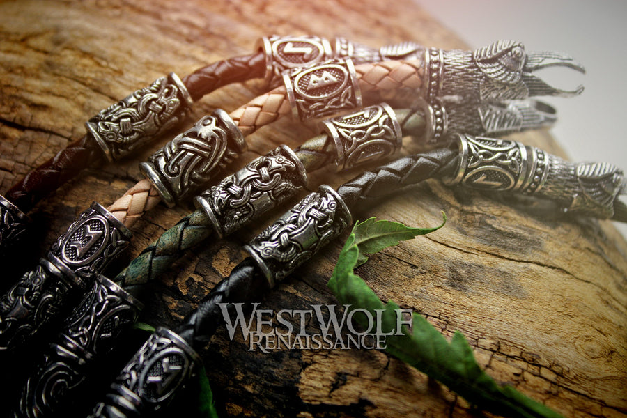 Viking Raven Head Bracelet with Beads & Braided Leather Band - Your Choice of Color