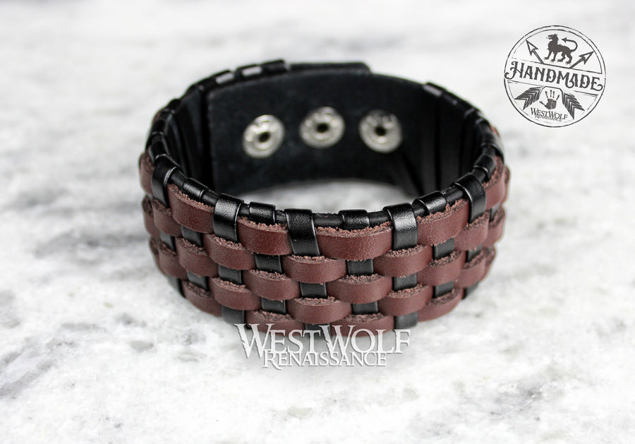 Leather Viking Basket-Weave Style Bracelet or Wrist Cuff - Adjustable Size - Woven Brown and Black Leather