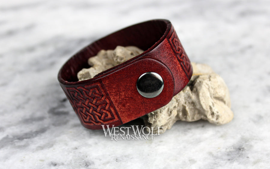 Viking Leather Valknut Bracelet - Stamped and Dyed Leather