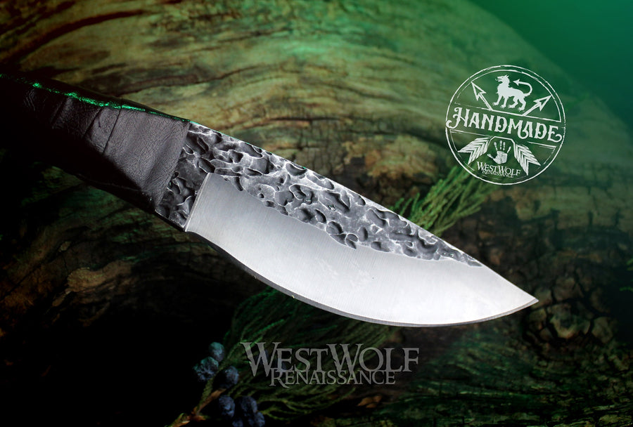 Hand-Forged Steel Knife with Leather-Wrapped Handle - Functional Full-Tang Blade
