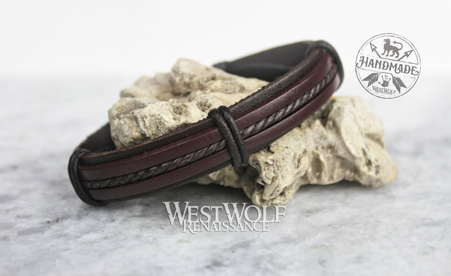 Viking-Inspired Leather Bracelet - Adjustable Size - Simple Line Pattern - Made of Leather and Rope