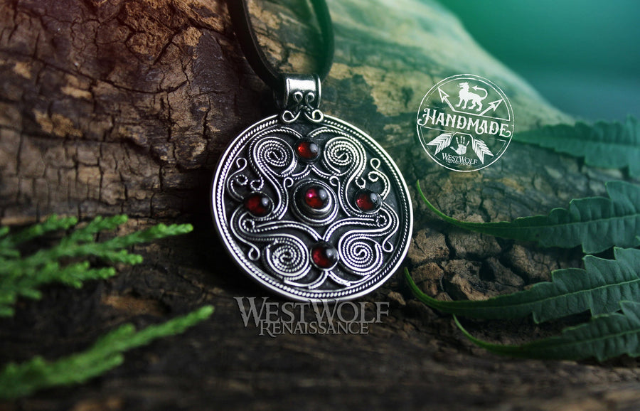 Celtic Battersea Shield Pendant in Sterling Silver with Red Garnet Stones - Amulet of Protection