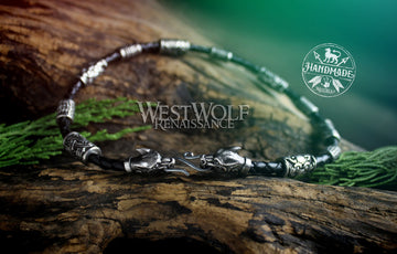 Viking Fenrir Wolf Necklace with Beads & Braided Leather Band