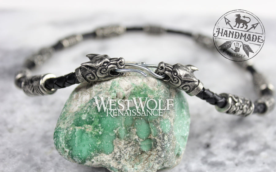 Viking Fenrir Wolf Necklace with Beads & Braided Leather Band