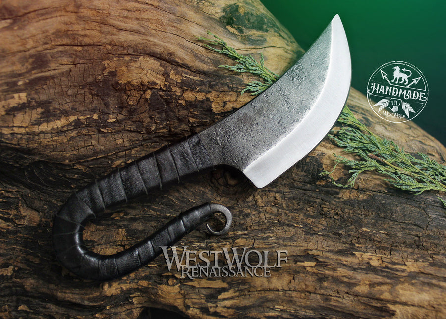 Hand-Forged Medieval Knife with Leather-Wrapped Handle and Sheath - Full-Tang Blade