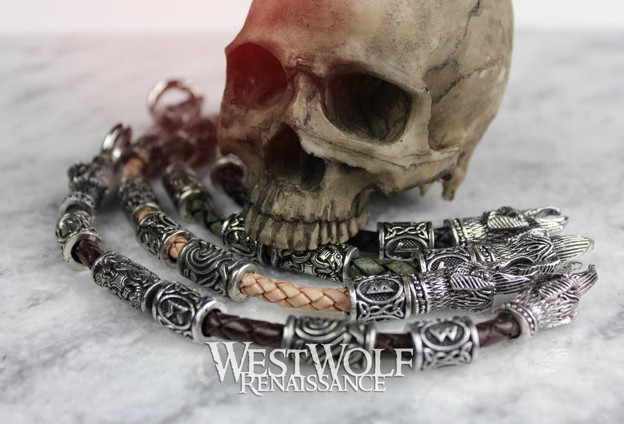 Viking Raven Head Bracelet with Beads & Braided Leather Band - Your Choice of Color