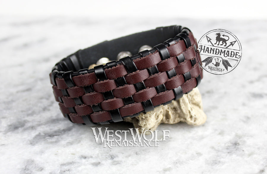 Leather Viking Basket-Weave Style Bracelet or Wrist Cuff - Adjustable Size - Woven Brown and Black Leather