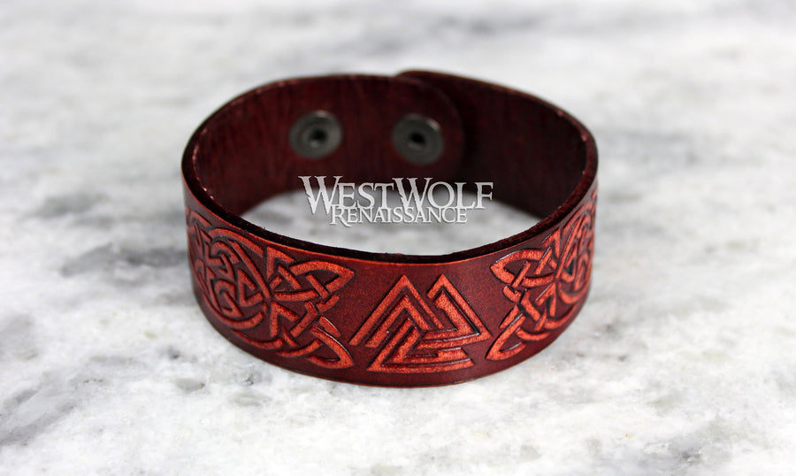 Viking Leather Valknut Bracelet - Stamped and Dyed Leather