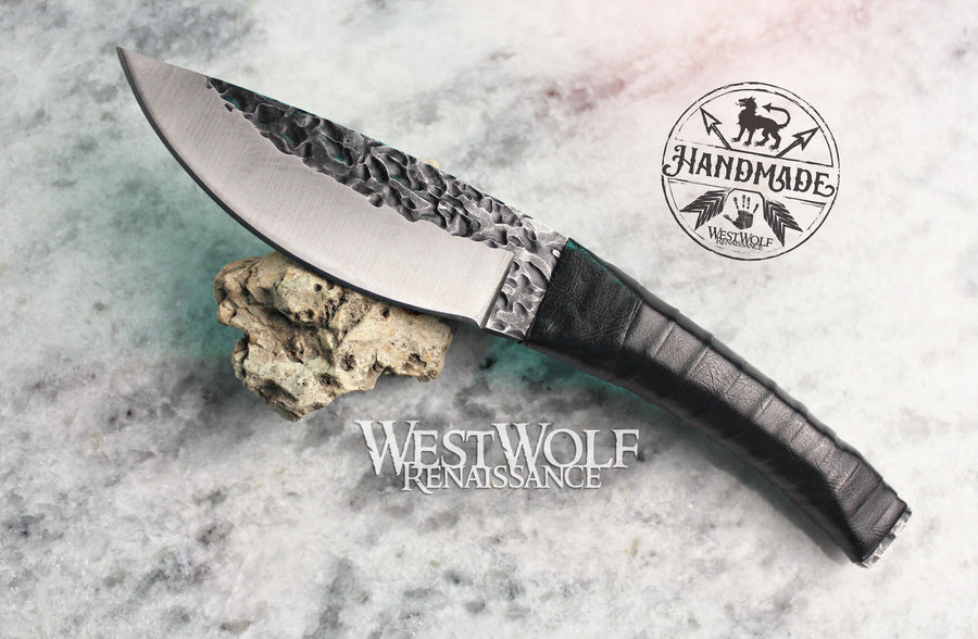 Hand-Forged Steel Knife with Leather-Wrapped Handle - Functional Full-Tang Blade